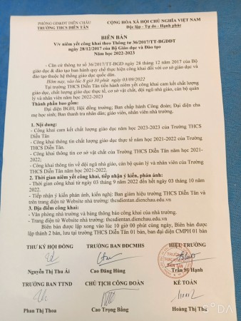 Biên bản công khai niêm yết công khai CLGD, CSVC, Đội ngũ năm học 2022-2023