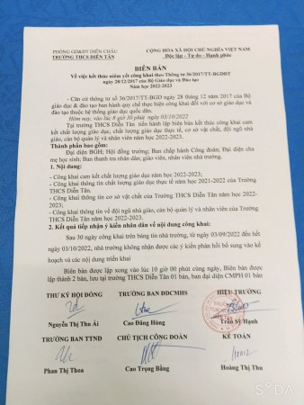 Biên bản kết thúc công khai chất lượng, đội ngũ, csvc năm học 2022-2023