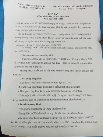 Công khai niêm yết các khoản thu năm học 2022-2023