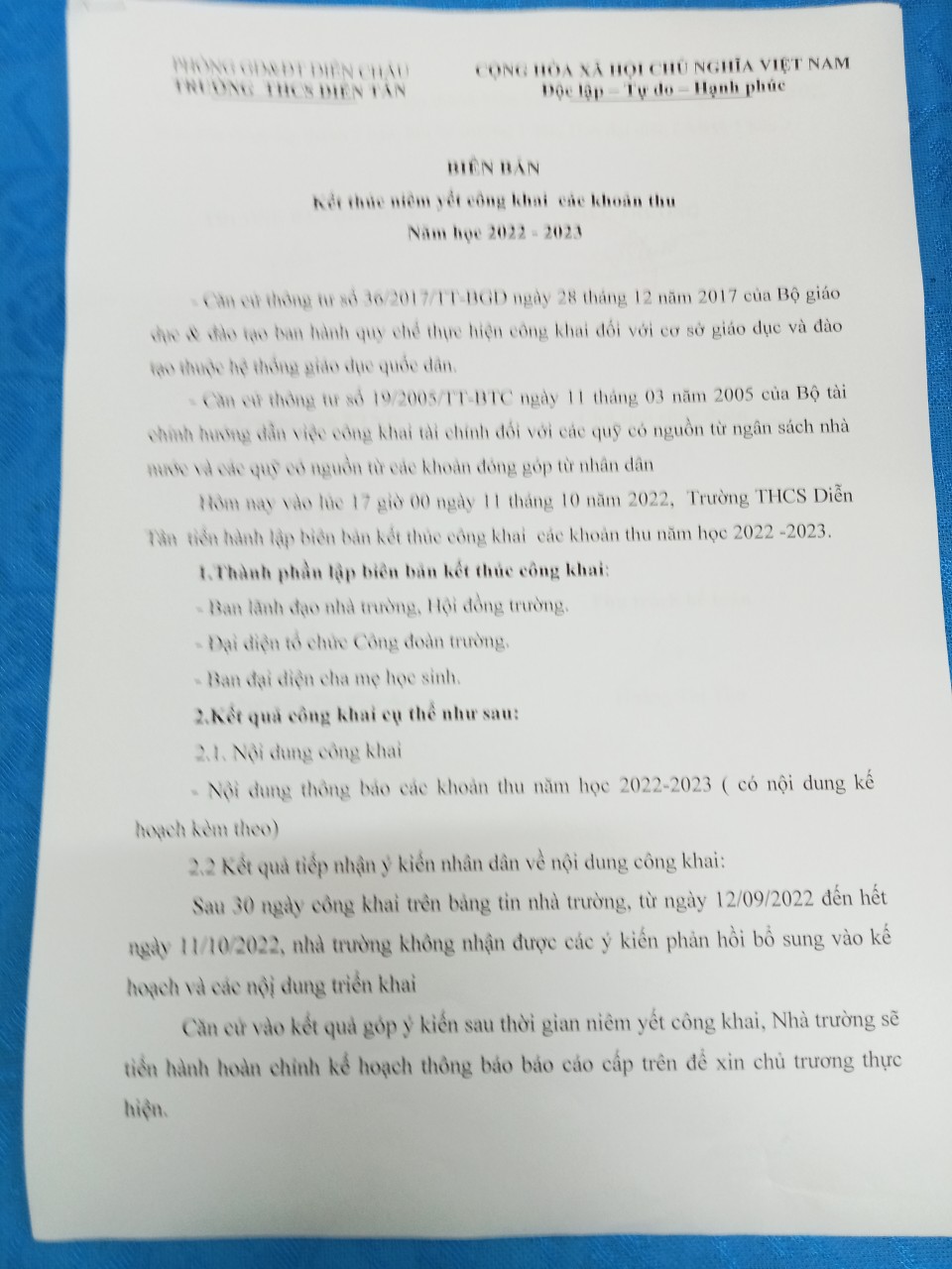 Kết thức công khai các khoản thu năm học 2022-2023