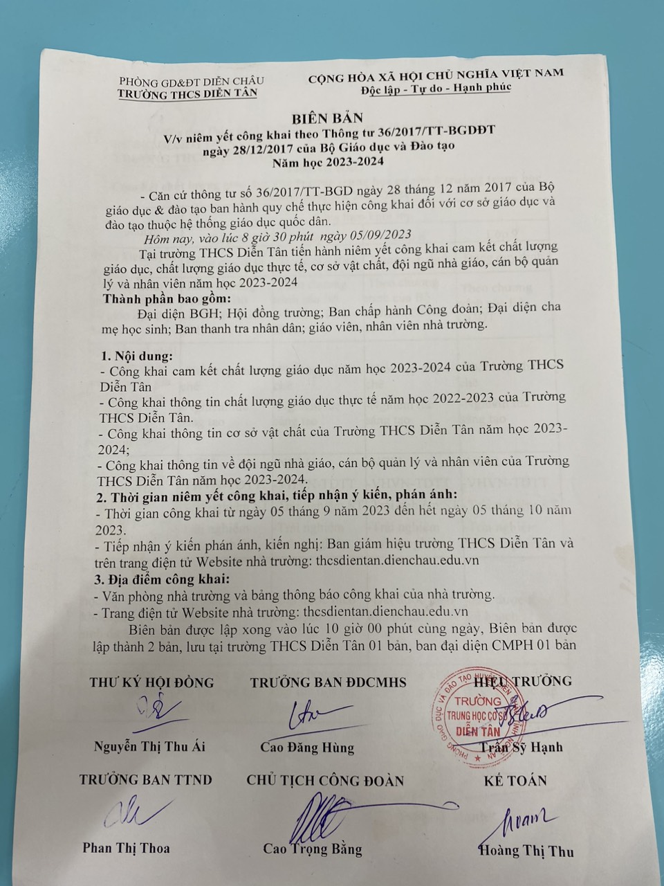Công khai CLGD, CSVC, đội ngũ nhà giáo, CBQL, NV năm học 2023-2024